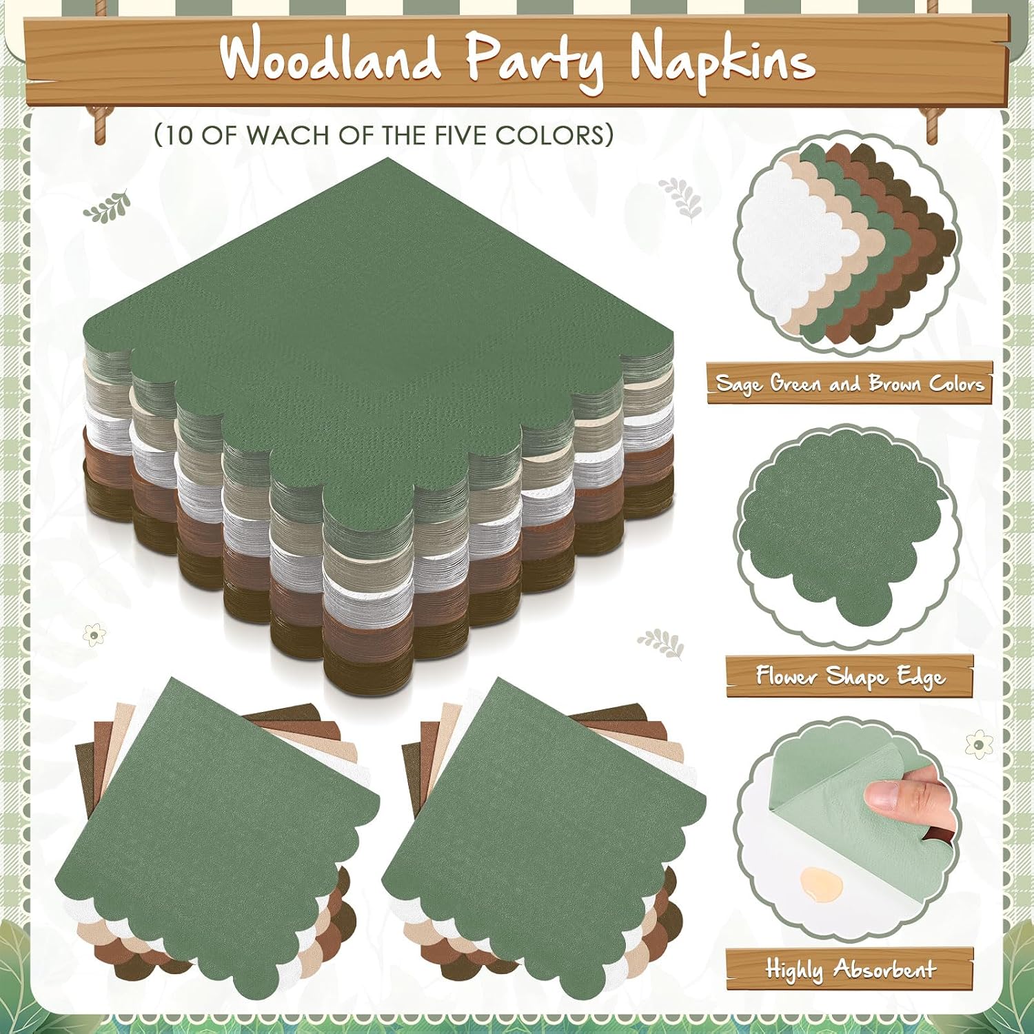 Zhehao 150 Pcs Woodland Plates and Napkins Tableware Serves 50 Includes 9 Inch 7 Inch Green and Brown Scalloped Design Paper Plate and Napkins for Wedding Birthday Baby Shower Party