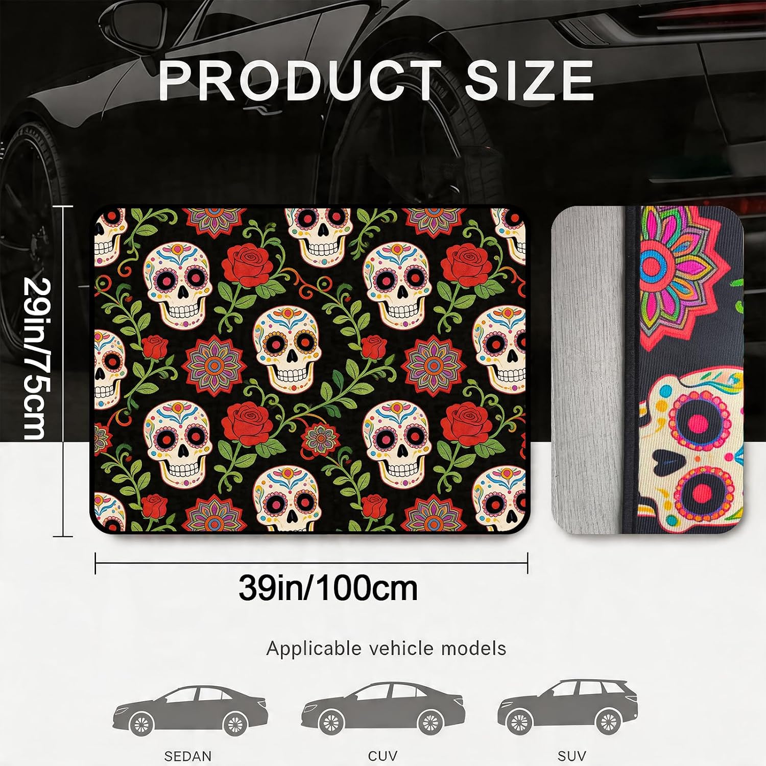 All Weather Universal Car Trunk Mat 29" x 39", Decorative Skull Cargo Liner, Heavy Duty Rear Trunk Protector, Practical Auto Interior Accessories for Daily Driving & Travel Use image 2