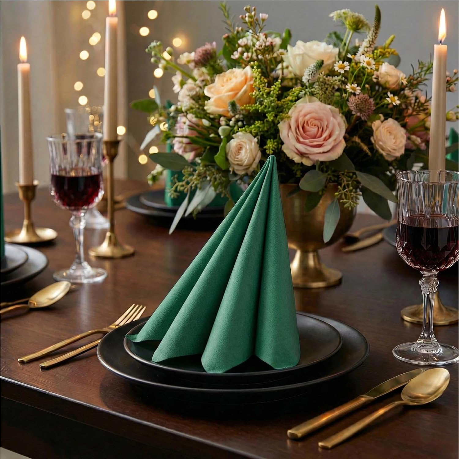 AMERICAN HOMESTEAD Paper Napkins - Green Disposable Linen-Like Dinner Napkins - Restaurant-Quality Table Serviettes for Weddings, Parties, and Events - 15.75" x 15.75" - 50 Count
