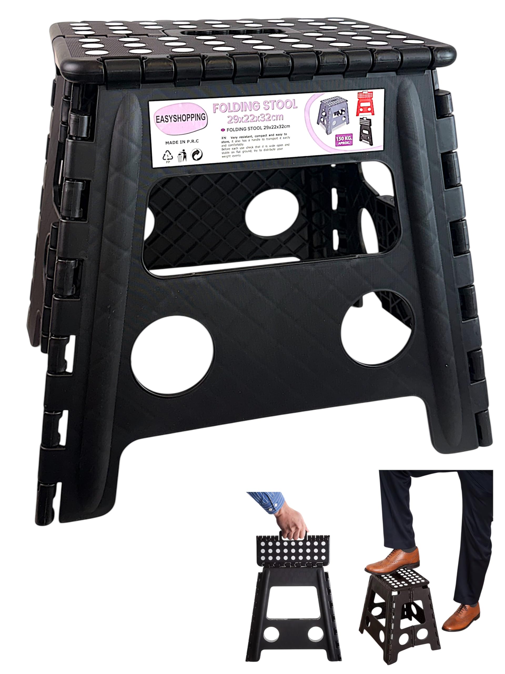 Heavy Duty Folding Step Stool 12.5"/32cm Non Slip Footstool for Toddlers, Children & Adults | Portable, Lightweight Plastic Footstep Carrying Handle for Indoor or Outdoor, 150kg Capacity (Black)