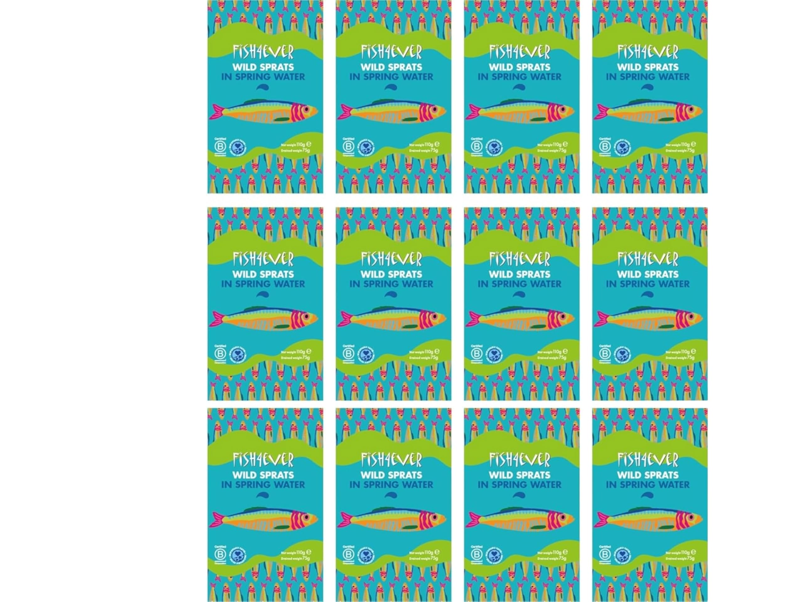 Fish 4 Ever - 12 x 105 g di spratti in acqua di sorgente, pescati in modo sostenibile, in scatola di latta ricchi di omega-3, ottimo con pane fresco, pasta e insalate (confezione da 12)