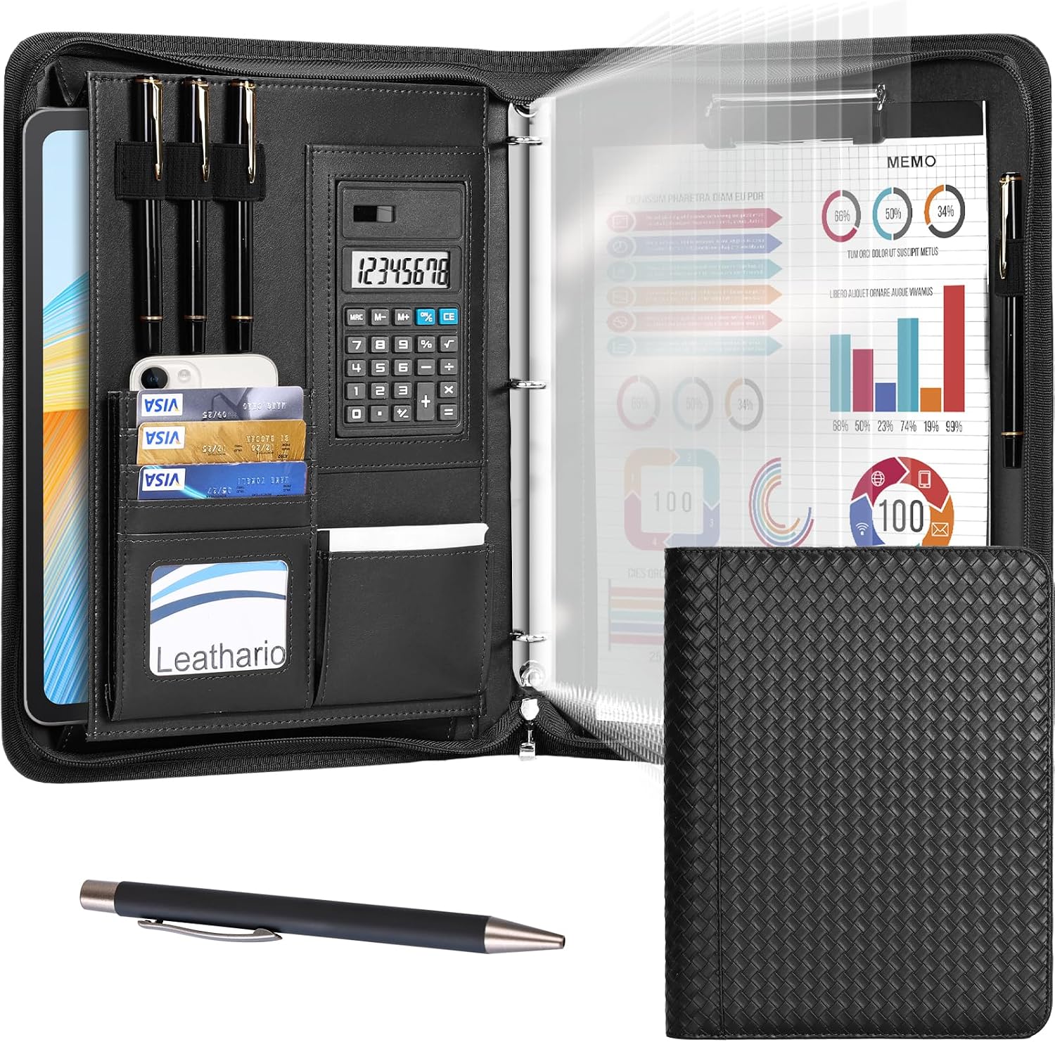 Leathario Portfolio Binder, Padfolio Organizer, 3 Ring Binder with Zipper