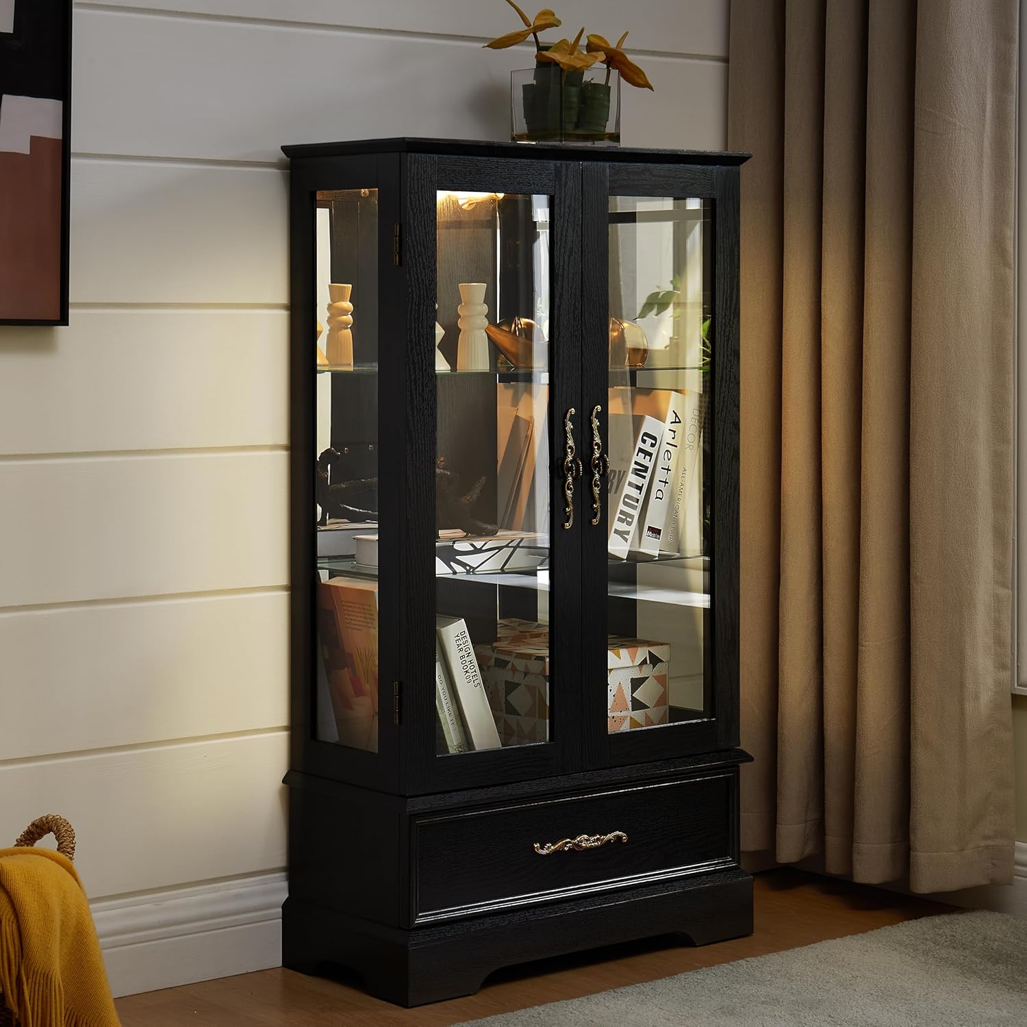 extrasleep Lighted Glass Curio Cabinet with Adjustable Shelves - Elegant 2-Door Display Cabinet & Built-in Drawer, Includes Bulb - Black