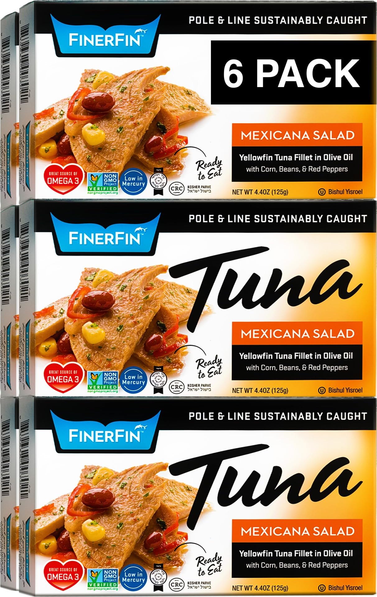 FinerFin Yellowfin Tuna In Organic Olive Oil – Mexicana Salad Flavor (4.4oz can - 6 Pack); Premium Canned Fish with EVOO, Gourmet Ready-to-Eat Fillets, Wild-Caught