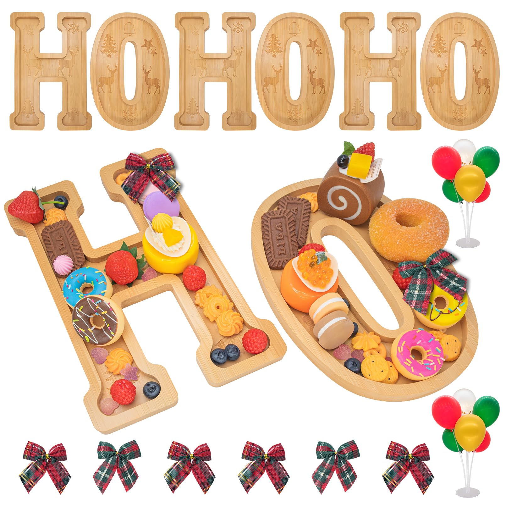 6PCS Bamboo Christmas Decorations Letters Charcuterie Board Box-(with 14 Balloons and Bow) HOHOHO Charcuterie Letters Fillable Food Christmas Party Supplies Table Decoration Food Tray Platter