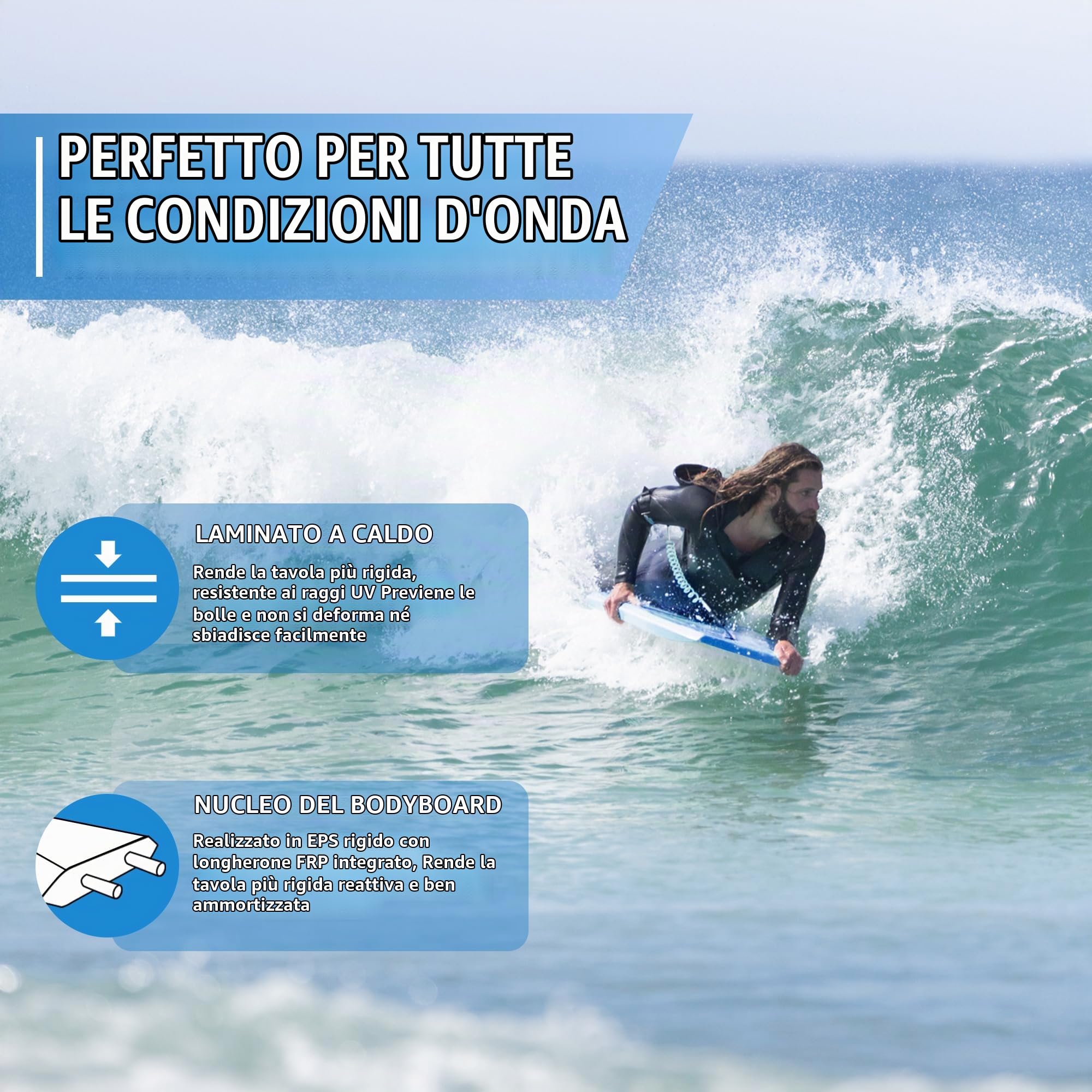 Ondulazione 39 '' Bodyboard leggero durevole EPS Core IXPE Deck HDPE Slick Bottom FRP Stringer Crescent Tail Dual Channel Plastic Mesh con doppio acciaio inox girevole a spirale polso