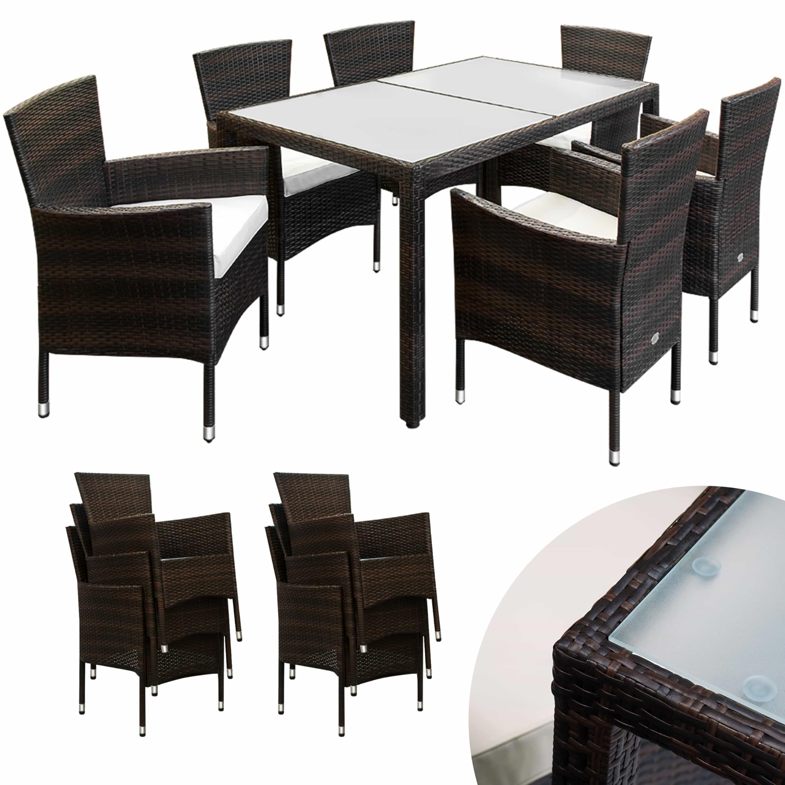 Casaria® Gartenmöbel Set 6 Personen Stühle inkl. 7cm Polster Tisch 150x90cm Balkonmöbel 160kg Belastbar Wetterfest Polyrattan Stapelbar Terrasse Möbel braun