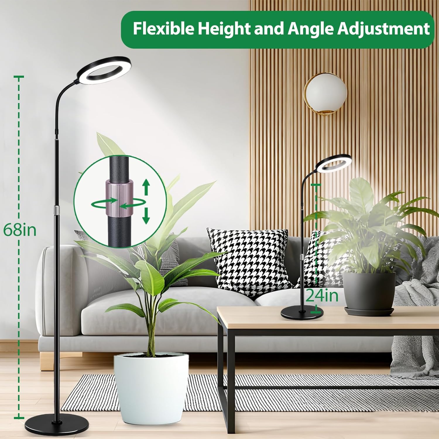 Plant Lights for Indoor Growing, Standing Grow Lights for Indoor Plants, 20w Full Spectrum LED Grow Lamp for Indoor Plants,3/9/12 h Timer,10 Brightness,68" Height Adjustable, Black