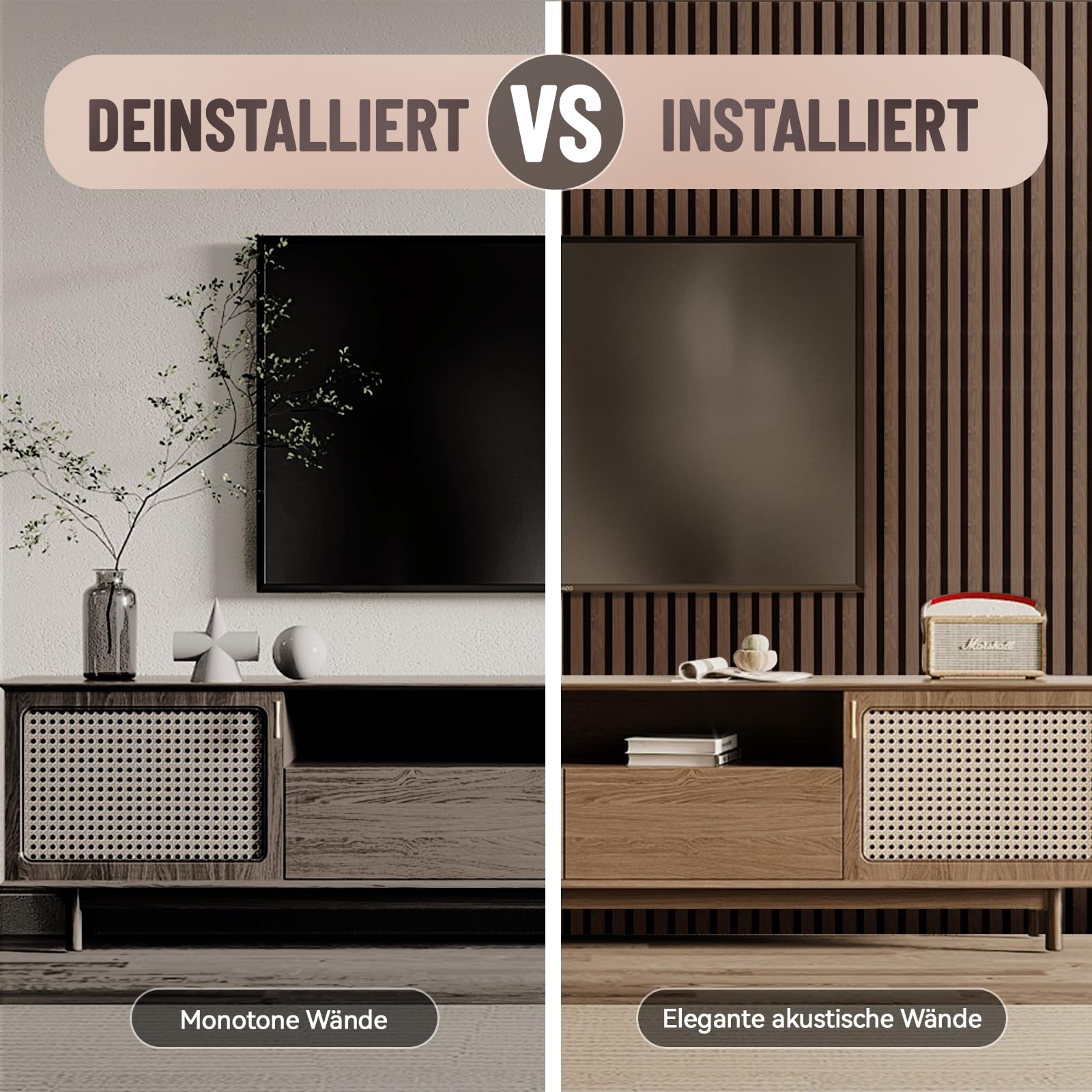 AKK-STAVE Akustikpaneele Holz 240x60 cm (1er-Set 1,44 m²) - Akustik Paneele & Holzpaneele Wand für Schallschutz | 3D Paneele Wand als Wandverkleidung Innen,Schallabsorber für Wohnzimmer(Schwarznuss)