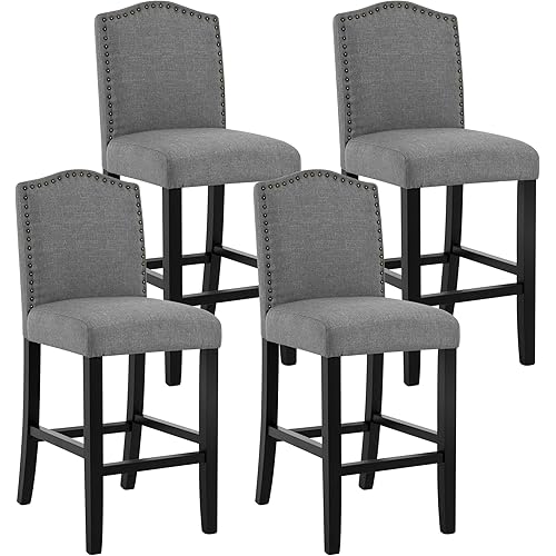 LSSBOUGHT 24 Inches Counter Height Bar Stools Set of 4 Studded Kitchen Island Chairs with Back Nailhead Barstools with Solid Wood Legs, Set of 4(Gray)