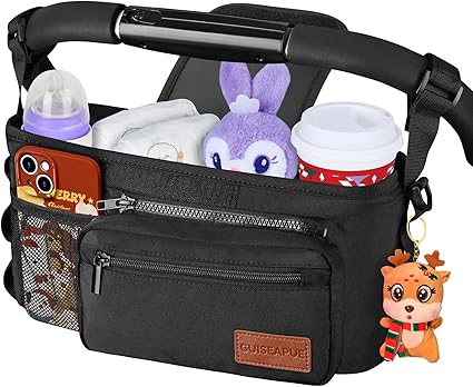 Guiseapue Universal Stroller Organizer with Cup Holder: Baby Travel Essential, Stroller Caddy with Shoulder Strap, Stroller Accessories Fit Uppababy, Baby Jogger Doona, Nuna, Britax, BOB Stroller