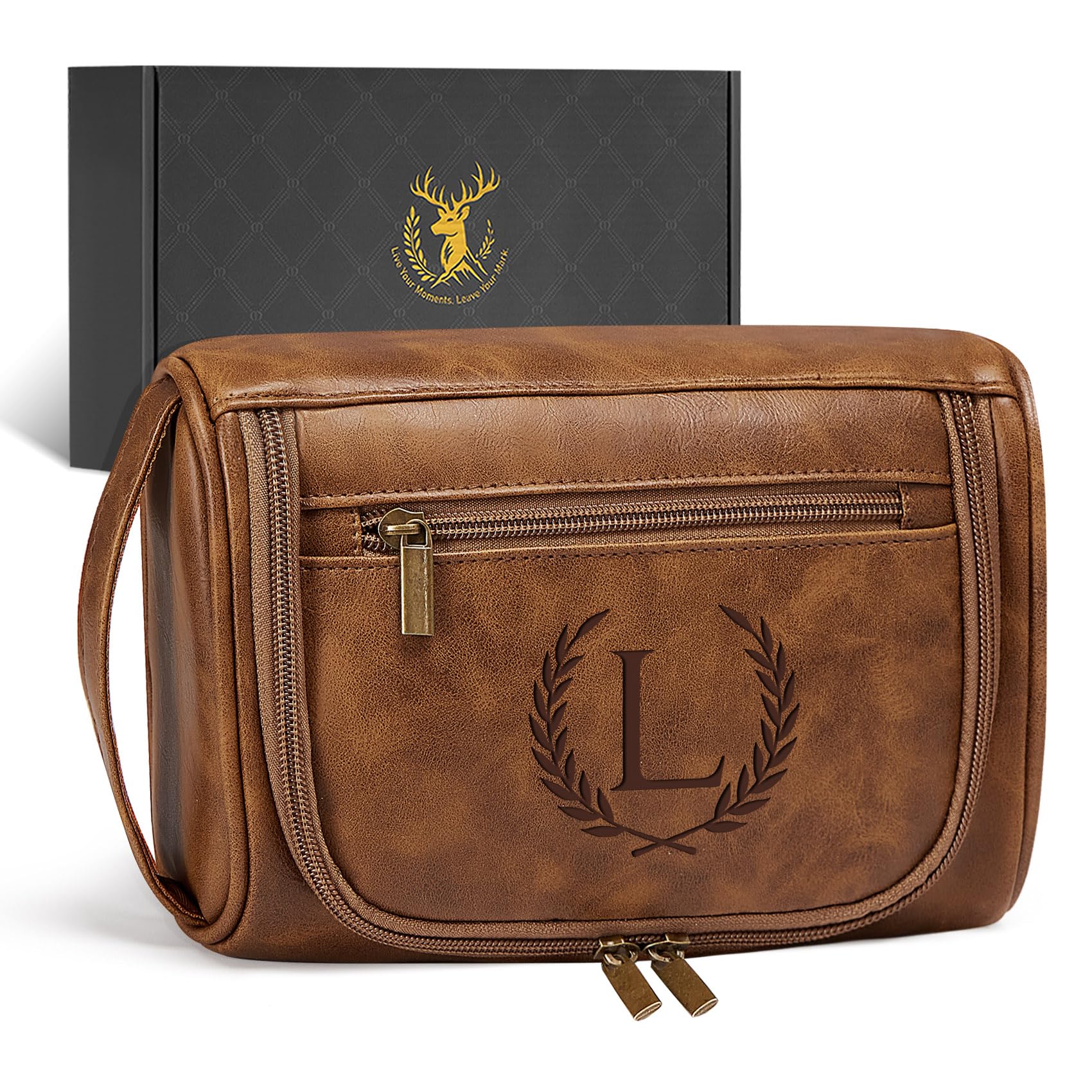 Borsa da toilette personalizzata in pelle PU impermeabile per uomo lui, iniziali personalizzate borsa da barba da uomo accessori essenziali da viaggio laureati regalo di laurea marrone chiaro L