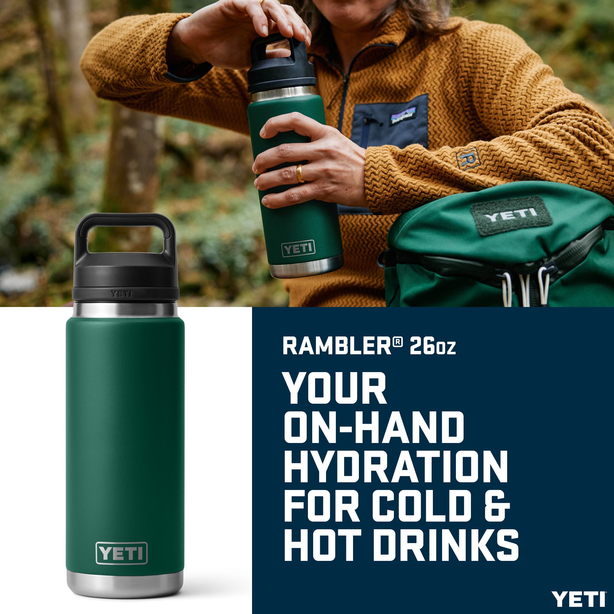 YETI Rambler Bottle Chug, Vacuum Insulated Stainless Steel Bottle with Chug Cap, Black Forest Green, 26 oz (760 ml)