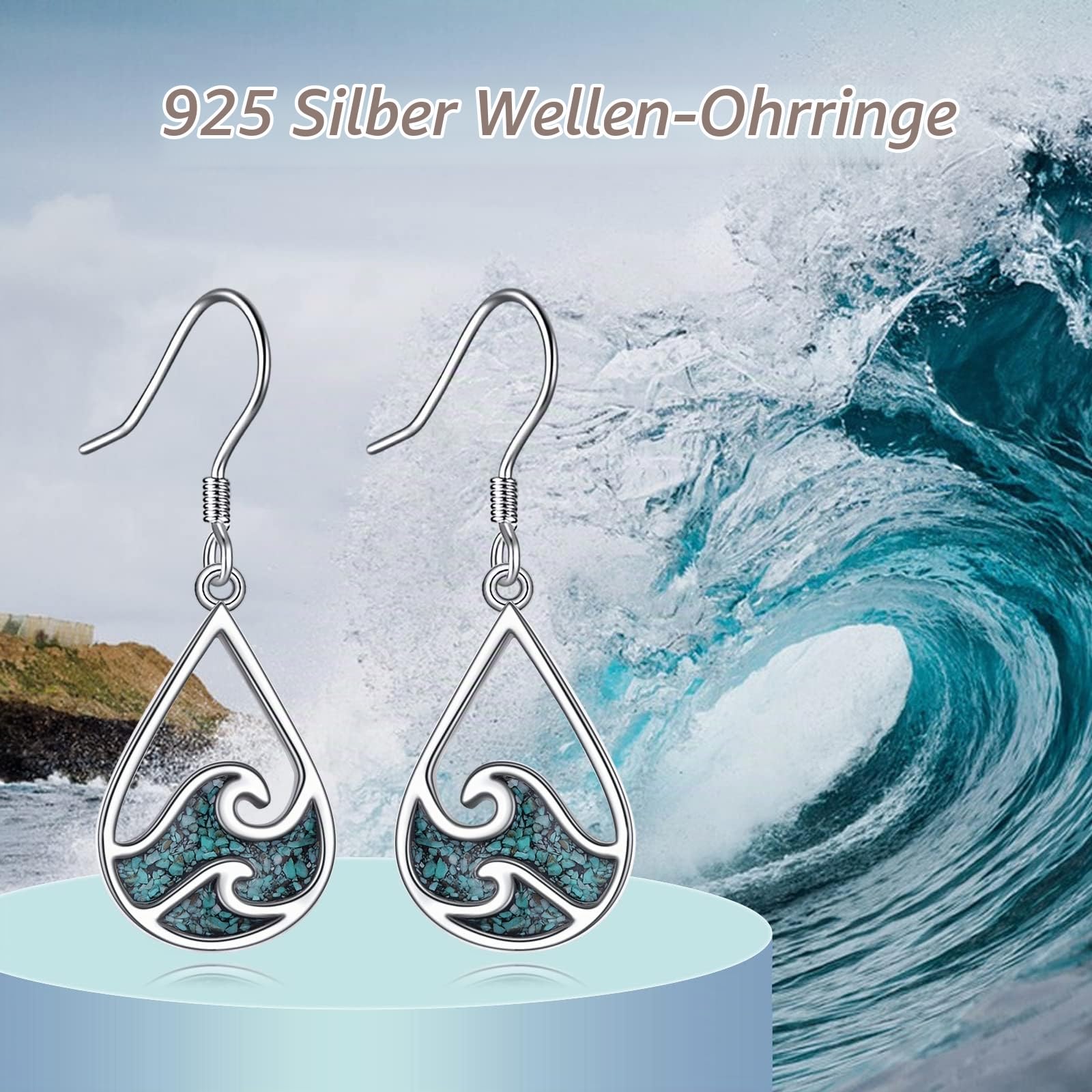 YFN Meer Welle Ohrringe Sterling Silber Türkis Hängend Baumeln Tropfen Ohrringe Ozean Strand Schmuck Sommer Thema Geschenke für Damen