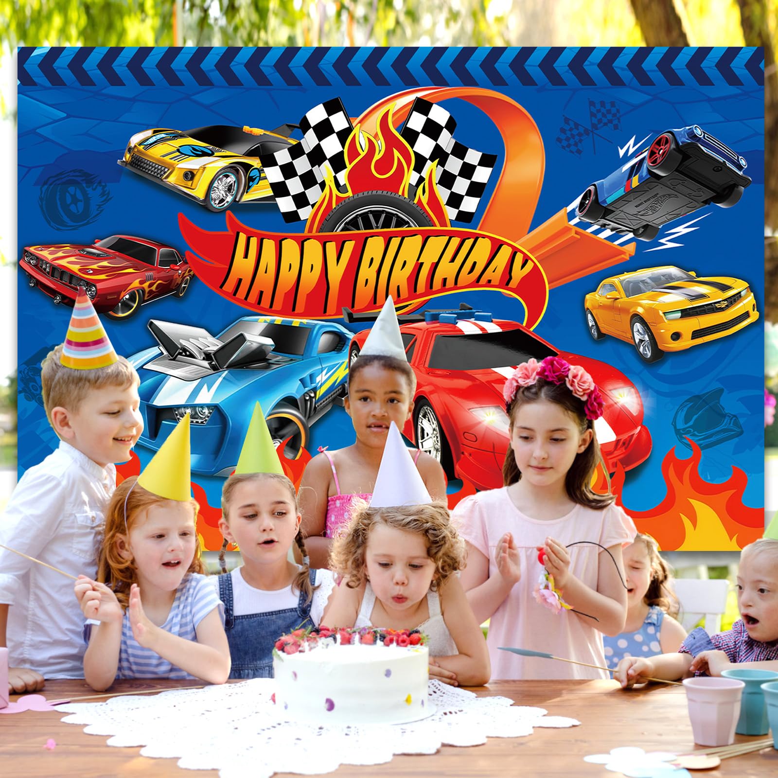 Fotohintergrund „Rennauto“ Für Geburtstag – 2,1x1,5 M, Mit Luftballons & Flaggen, Aus Vinyl