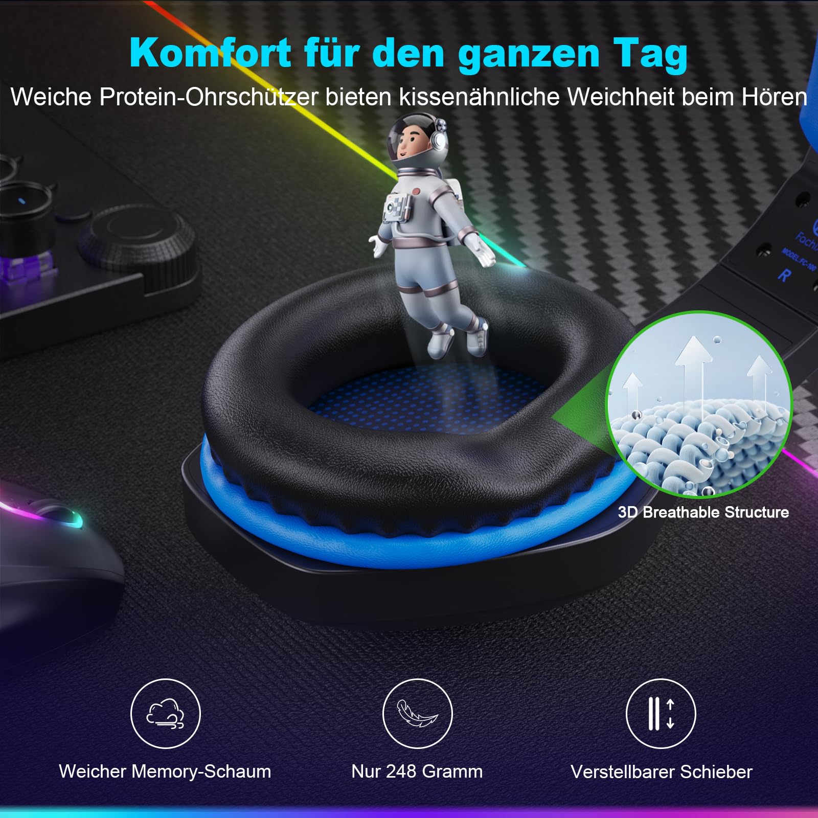 Fachixy「2025 Neu」FC100 Wireless Gaming Headset - 2.4GHz & Bluetooth Kopfhörer mit Mikrofon - 3D Stereo Sound & 40H+ Akkulaufzeit - Für PS4, PS5, PC, Mac, Tablets, Switch, Smartphones, schwarz-blau