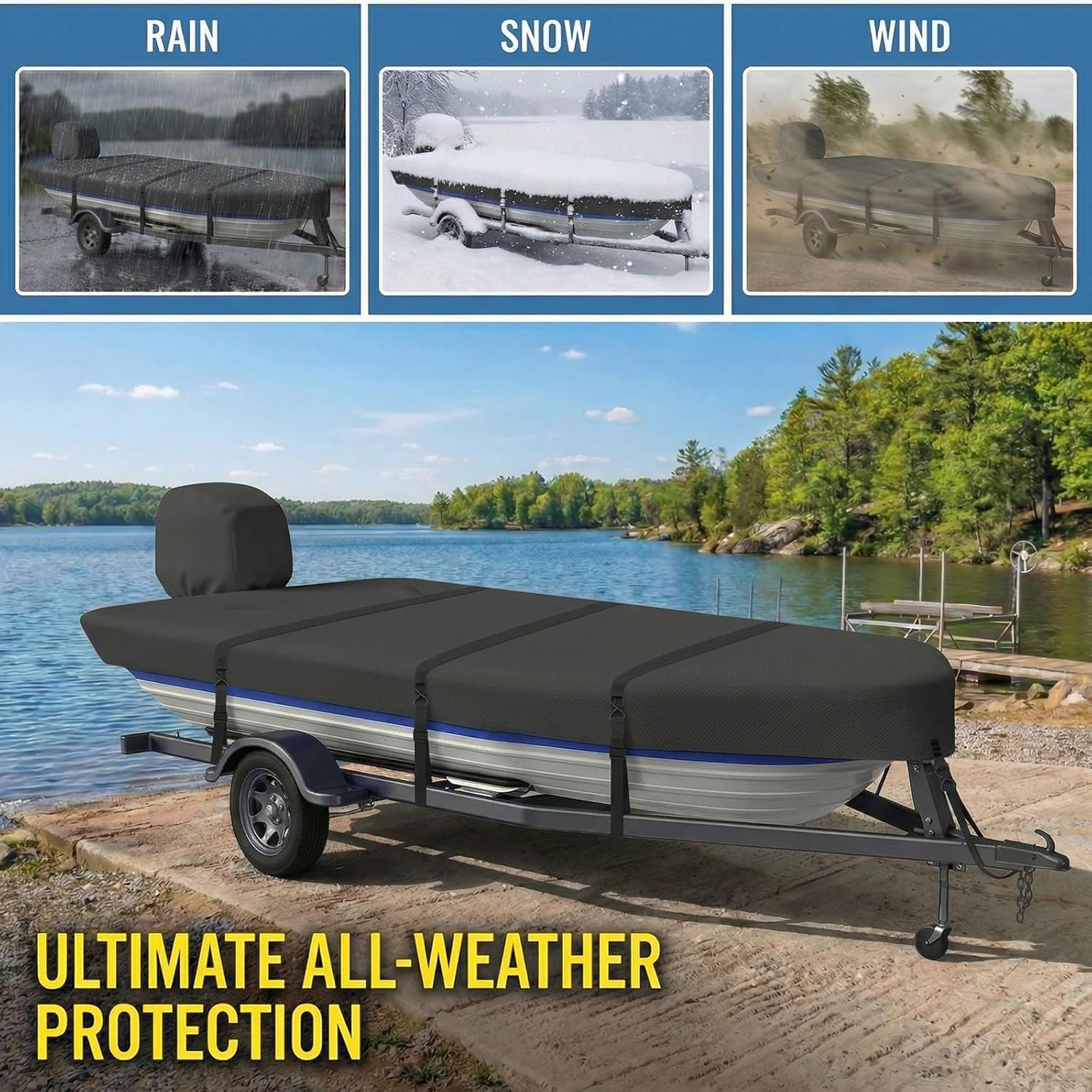 900D Jon Boat Cover with Metal Buckles,Waterproof Heavy Duty Cover for Jon Boat,Marine Grade Polyester Canvas Replacement with Motor Cover,16FT & Black