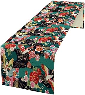 Japanese Crane Table Runner Oriental Vintage Asian Chinese Traditional Florals Dinner Runner for Farmhouse Kitchen Dinner Table Party Decoration 13x36in