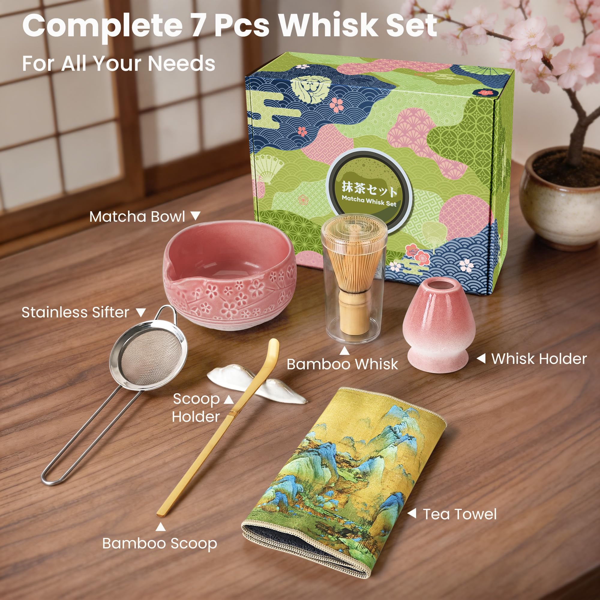 Zestaw do matcha w kolorze różowym, 7-sztuk bambusową miotełką i uchwytem, ceramiczną miseczką matcha oraz inne akcesoria, japoński zestaw do ceremonii parzenia herbaty dla początkujących