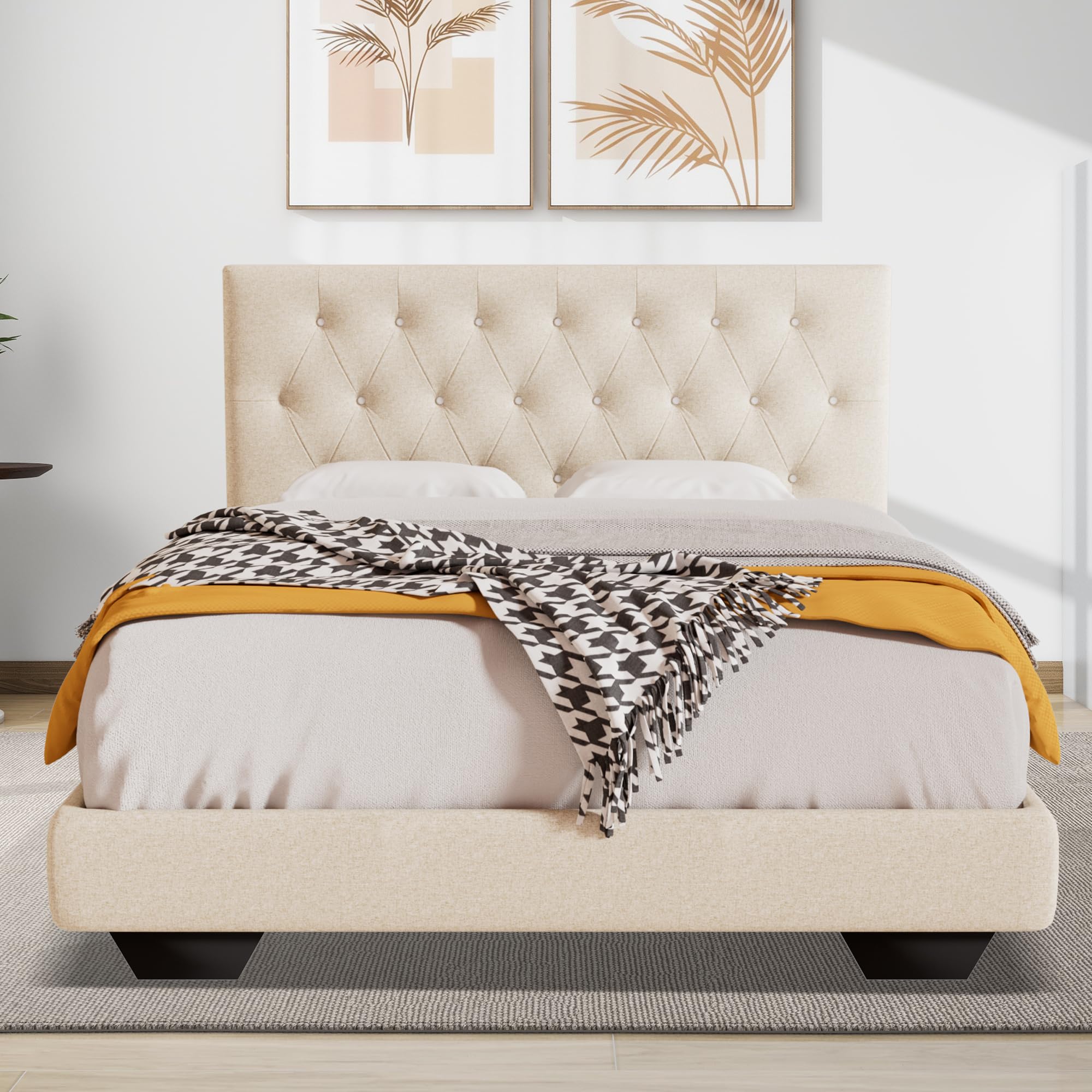 Rosevera Givanna Adjustable Heigh Headboard with Linen Upholstery and Button Tufting for Bedroom,Queen,Natural Linen