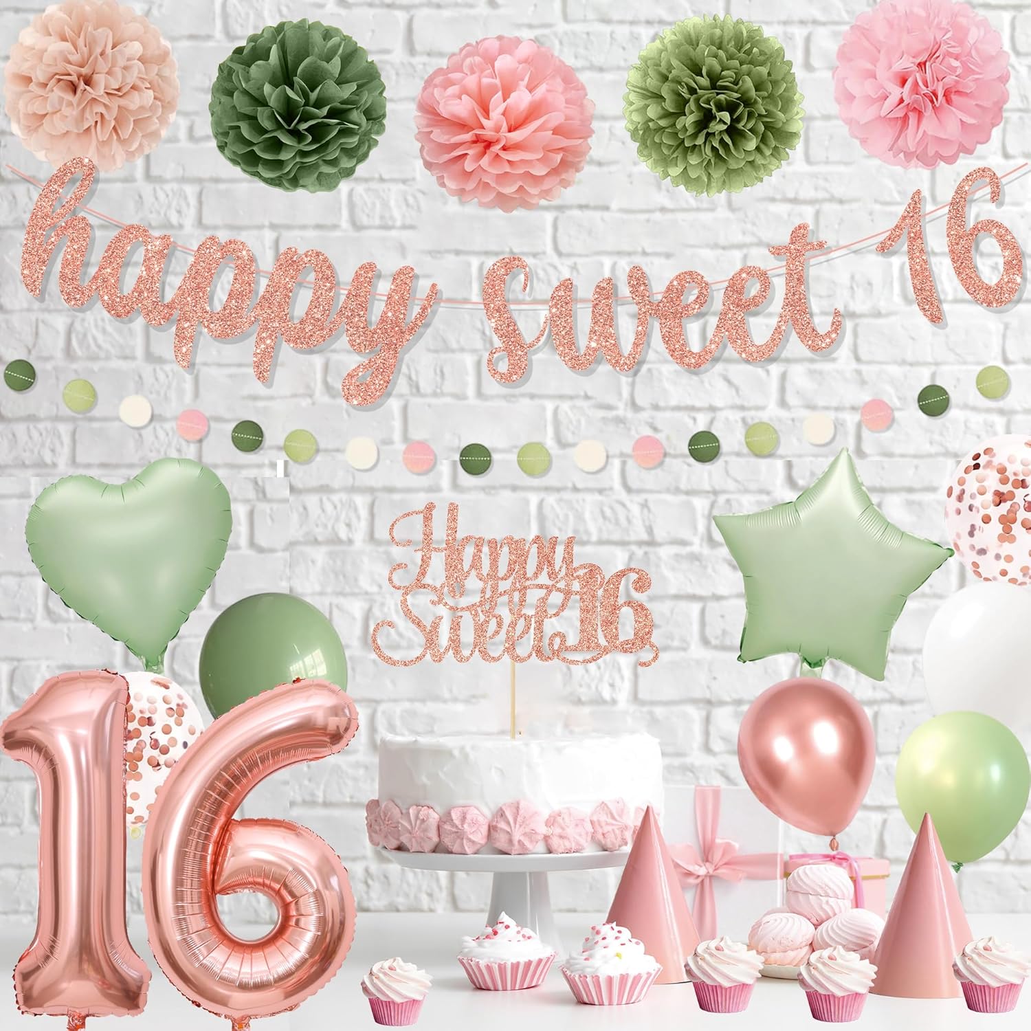 Holkcog Sweet 16 Party Decorations for Grils, Happy 16th Birthday Supply With 16th Birthday Banner 16 Balloon Number for Grils, Sage-Green Blush-Pink Party Decorations, Cheers To 16 Girls Gifts - Image 6