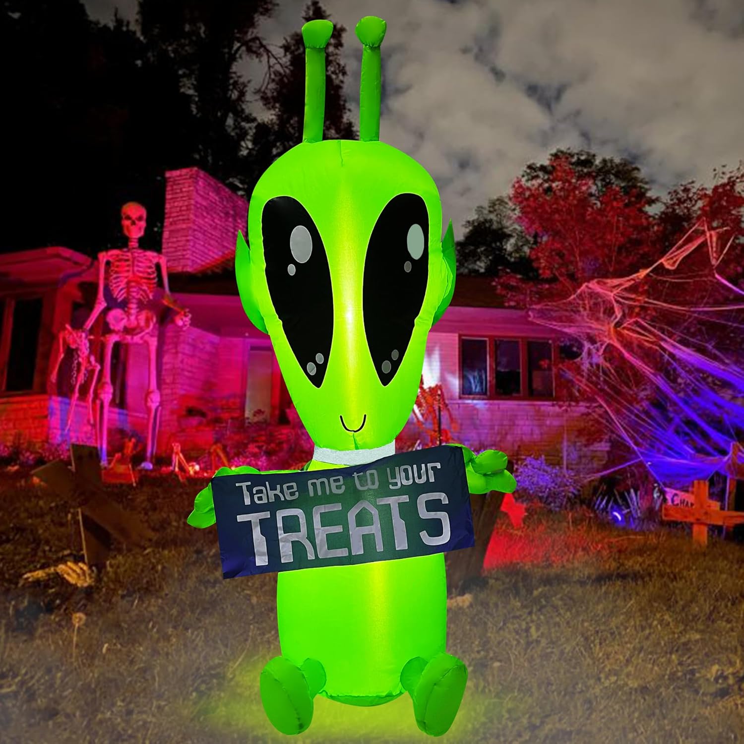 4 FT Halloween Inflatable Alien with Banner Decoration Blow Up Built-in LED for Holiday Lawn Yard Garden Home Indoor Outdoor Decor