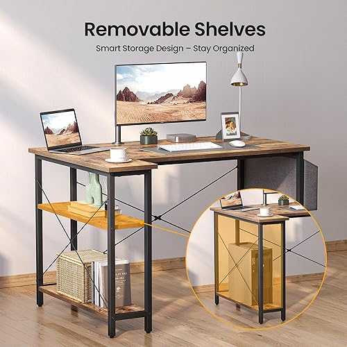 Miniatura 6 de CubiCubi Escritorio en forma de L, mesa de computadora de 47 pulgadas con estantes de almacenamiento reversibles, oficina en casa, esquina, estudio,