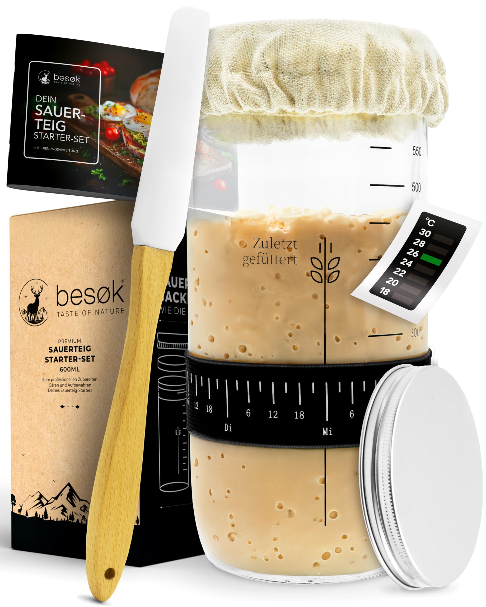 besøk Sauerteig Starter Set - 600ml Gärglas mit Spatel u. Thermometer - Brot Backen Zubehör, Sauerteig Glas, Fermentieren, Sourdough Starter Kit, Anstellgut Glas Behälter, Fermentierglas