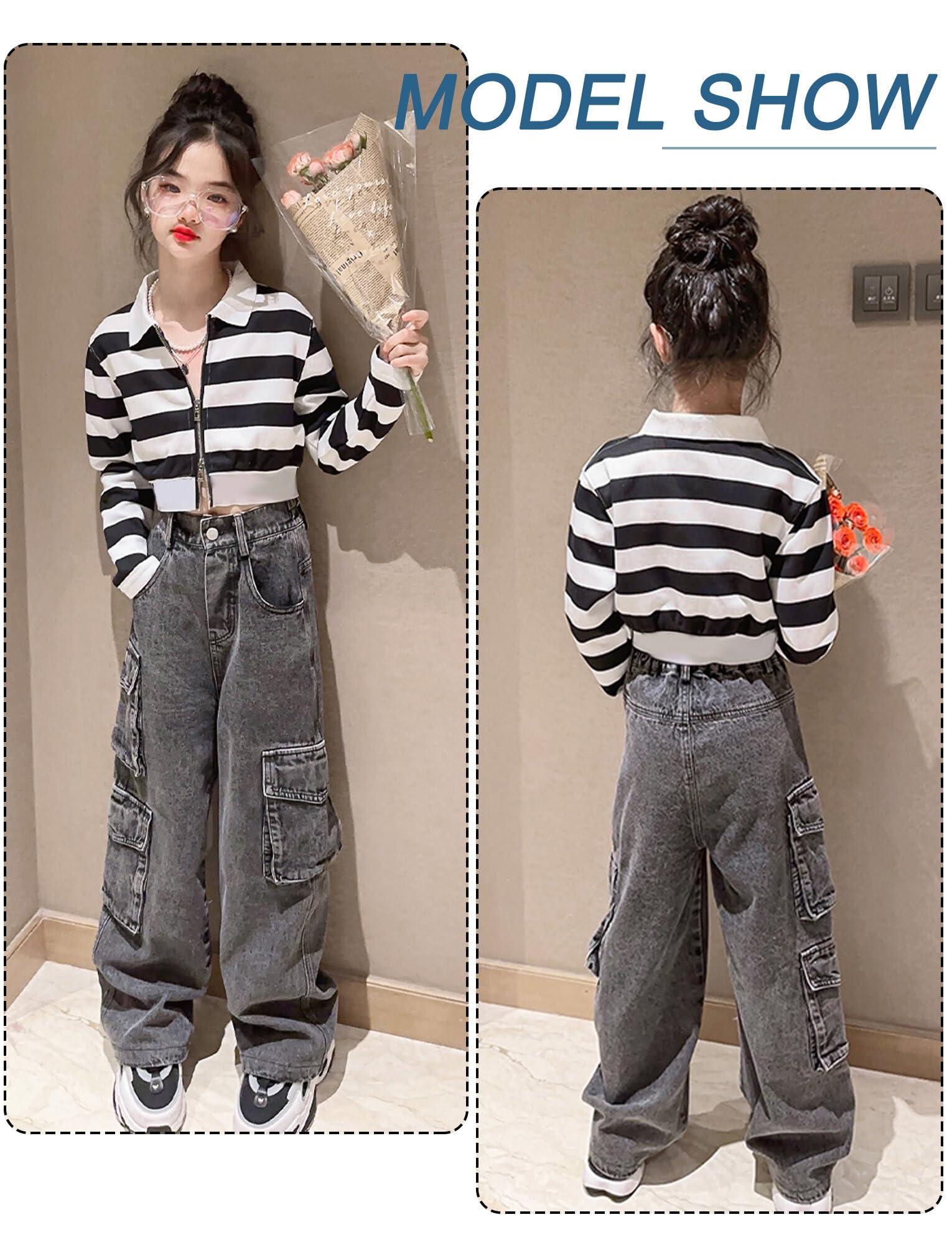 Happy Cherry Jeans Chica Retro Pierna Ancho Cargo Pantalones Patas Elásticos 5-15 años