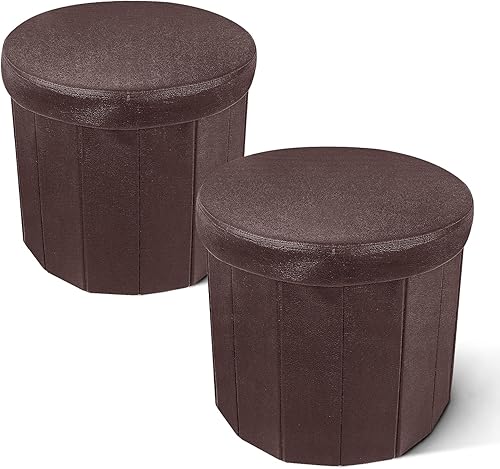 Otomana redonda de almacenamiento de 15 pulgadas cajas de almacenamiento plegables de cuero sintético caja de juguetes reposapiés redondo plisado