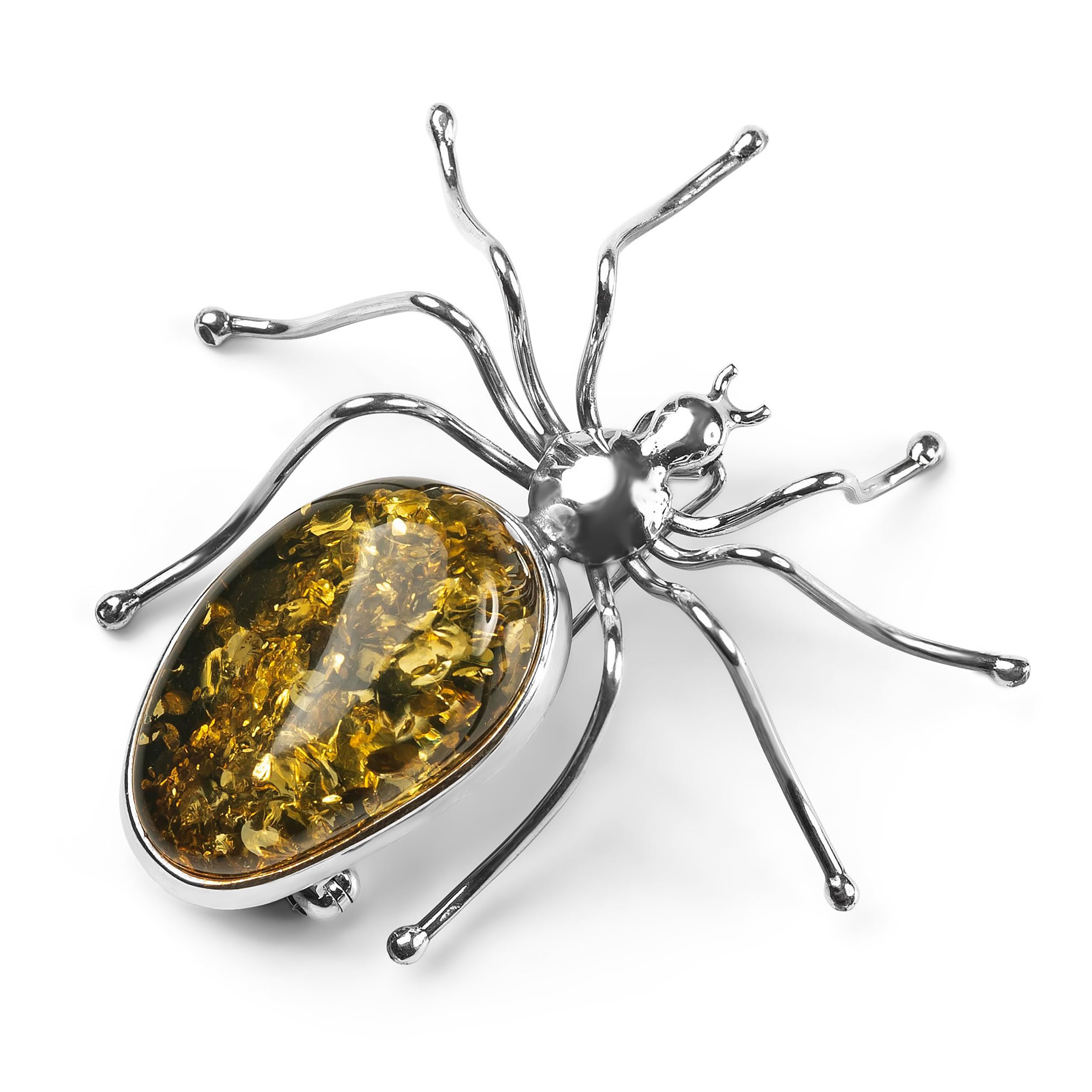 HENRYKA 925 Sterling Silver & Green Baltic Amber Hand-made Spider Brooch Pin | Halloween Jewellery | Boho Fashion Accessory | Gifts for Mum & Women