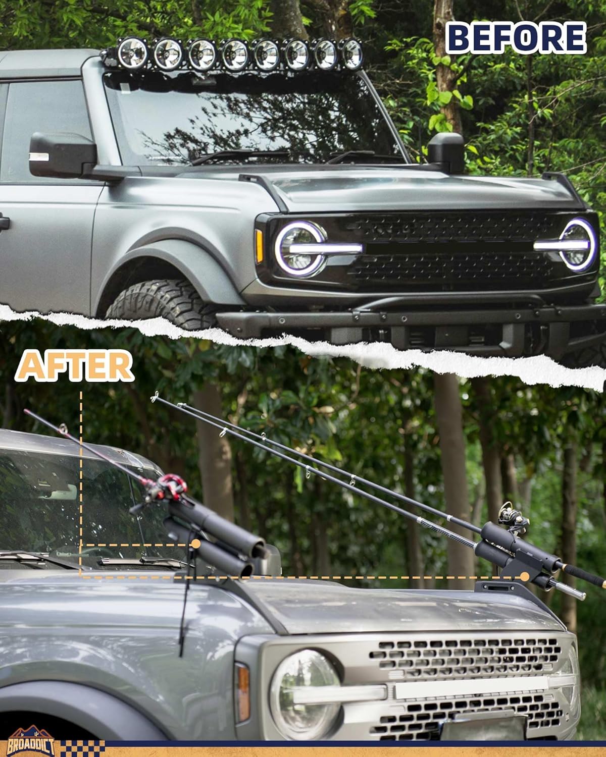 Off-Road Fishing Rod Holder, Double Rod Kit with 2 Holders fit for 2021+ Ford Bronco 2/4 Door Passenger Side Powder Coated Aluminum