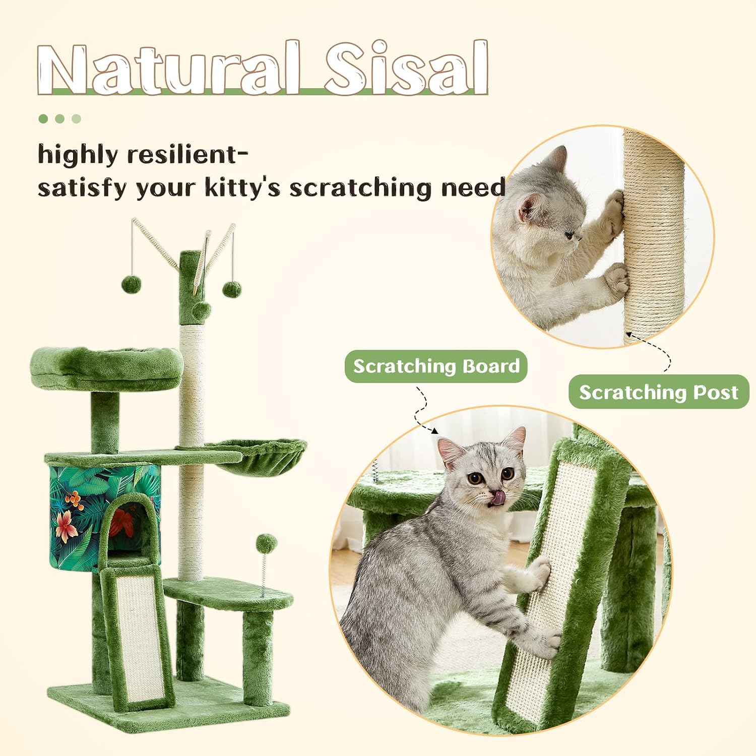Kindacoool Cat Tree 53" Multi-Level Cat Tower Cat Condo for Indoor Cats, with Plush Perches, Sisal-Covered Scratching Posts, Cat Basket, Pet Play House(Green)
