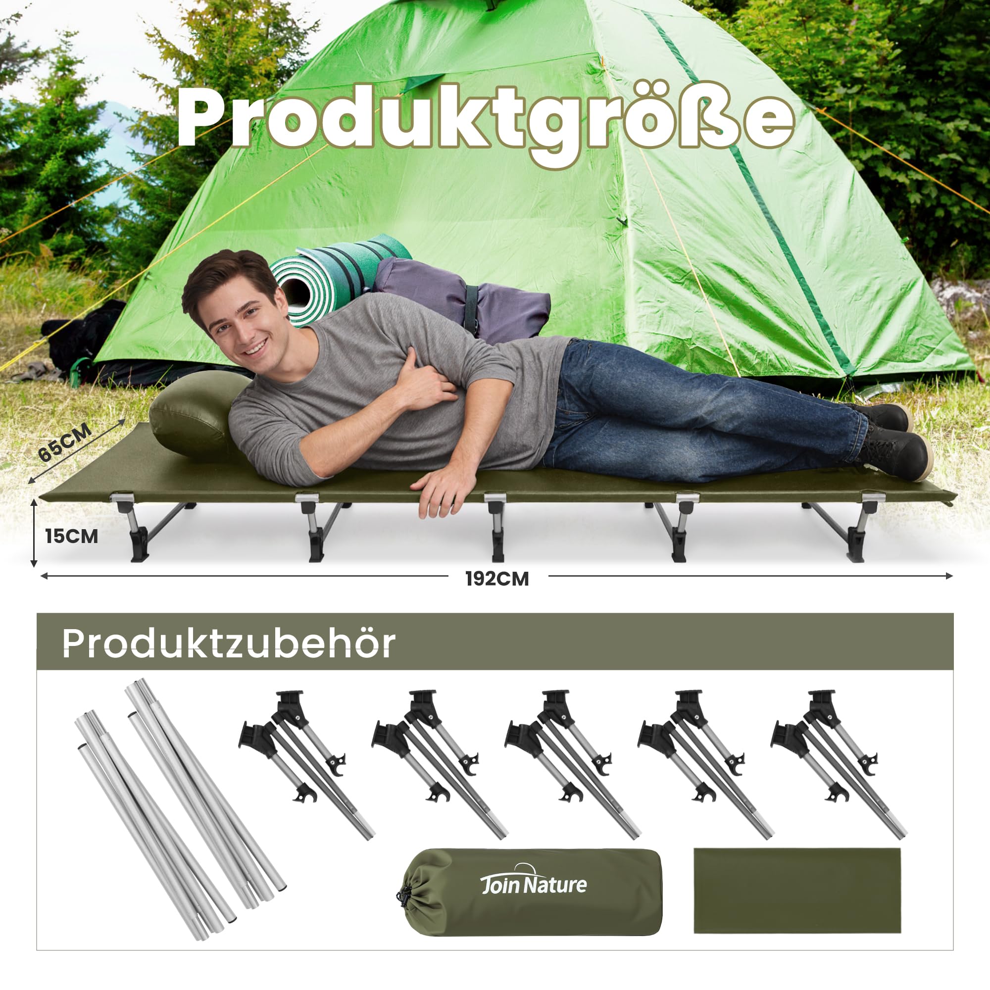 Join Nature Ultralekkie łóżko kempingowe, składane, dla dorosłych, przenośne łóżko polowe, składane łóżko polowe, obciążenie 150 kg, leżak kempingowy do namiotów, wędrówek i podróży z plecakiem