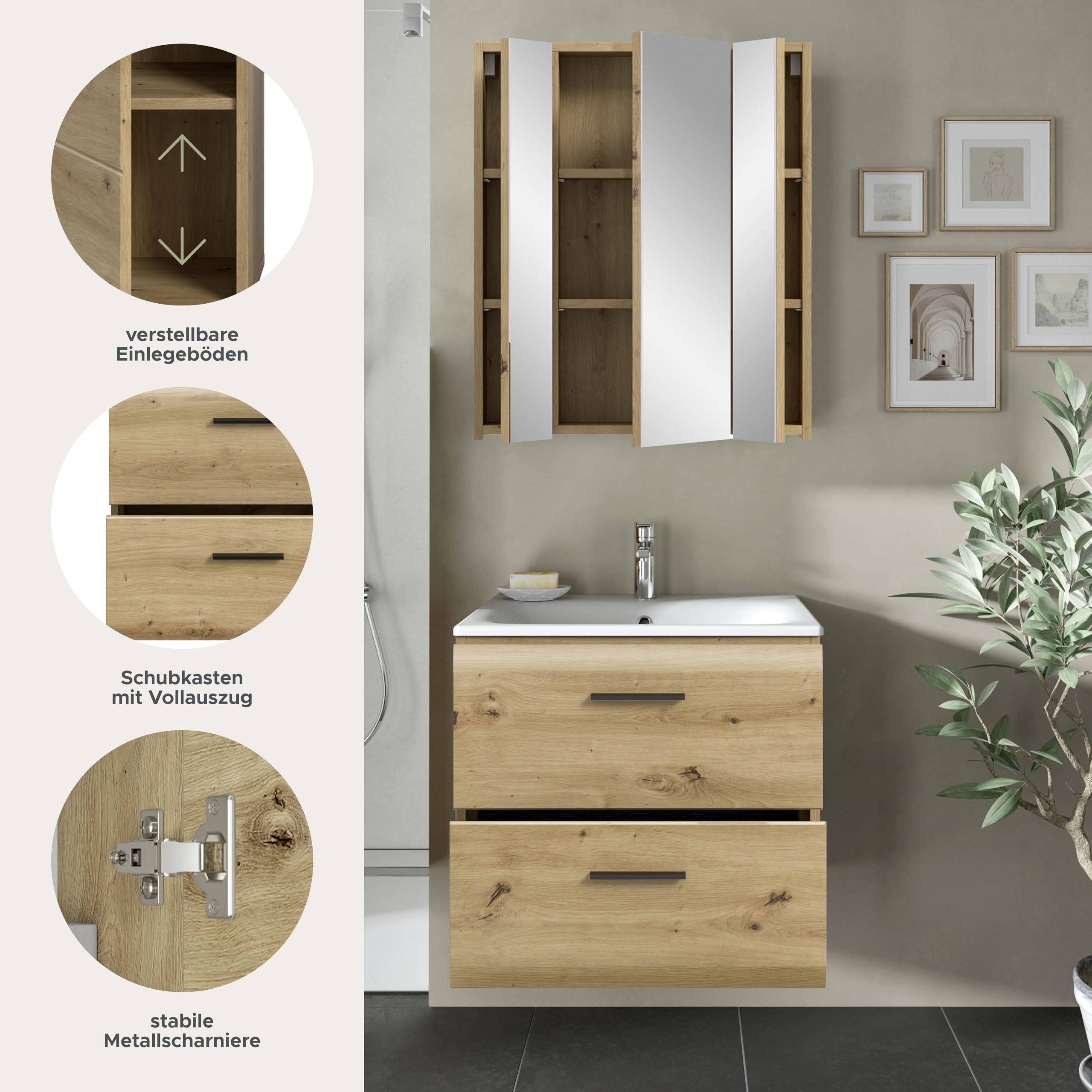 xonox.home – 2 TLG. Badezimmerkombination Ice 60x185x46 cm in Korpus und Front Artisan Oak Nachbildung – Hochwertige Badmöbel-Kombi – modern – Bild 7