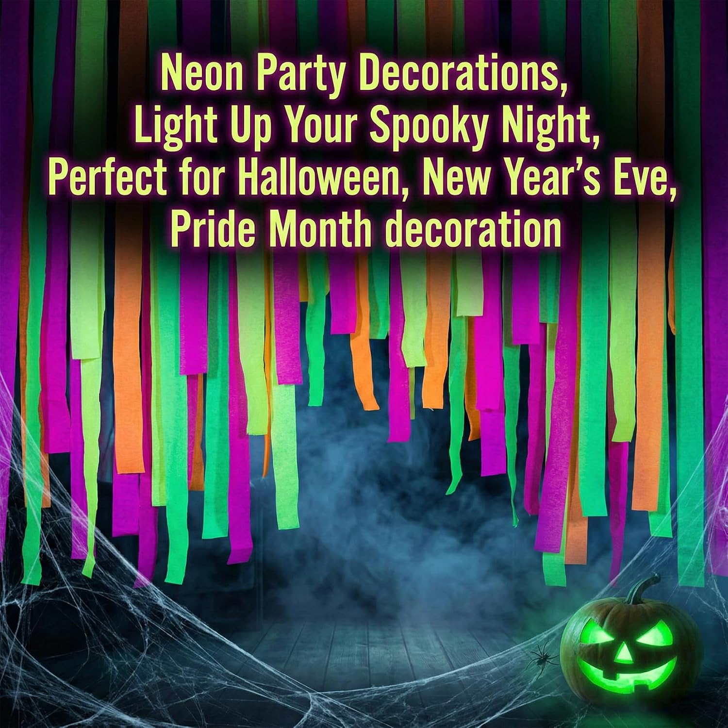 MAQIHAN 656feet Neon Streamers - 8 Rolls Black Light Reactive Fluorescent Crepe Paper Streamers, Neon Party Decorations Glow in The Dark Party Supplies for 80 90s Glow Parties Birthday Helloween Decor