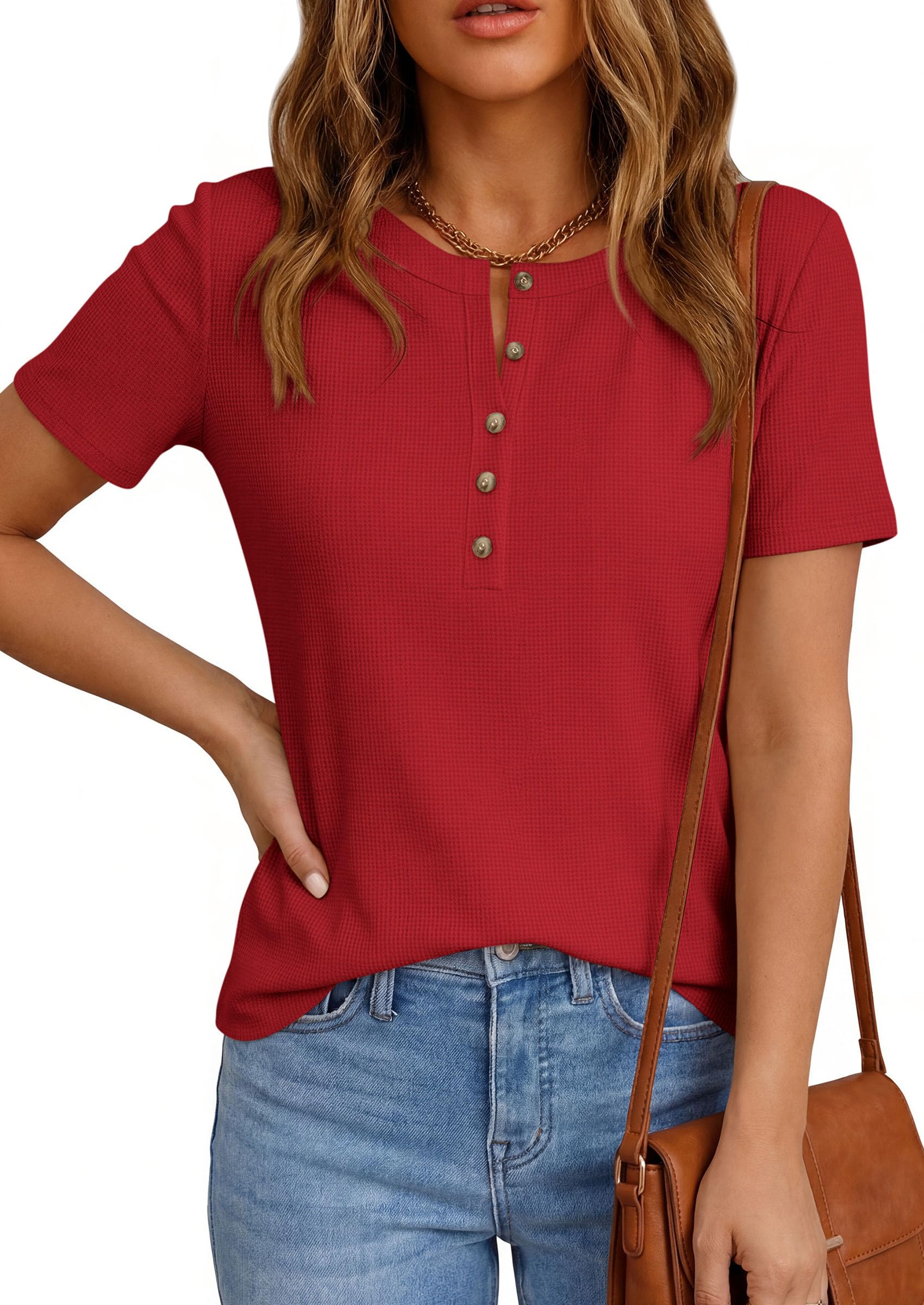 PRETTYGARDEN Waffle Knit Tops for Women Short Sleeve Henley Shirts 2026 Summer Blouses Dressy Casual Spring Fashion Clothes — view 2