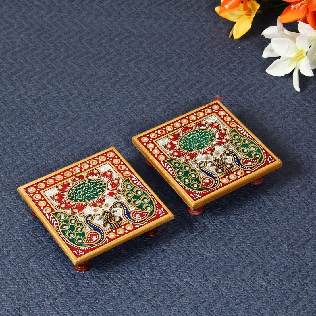 Handicrafts ParadiseMarble Chowki Pair with Peacock Design Painted