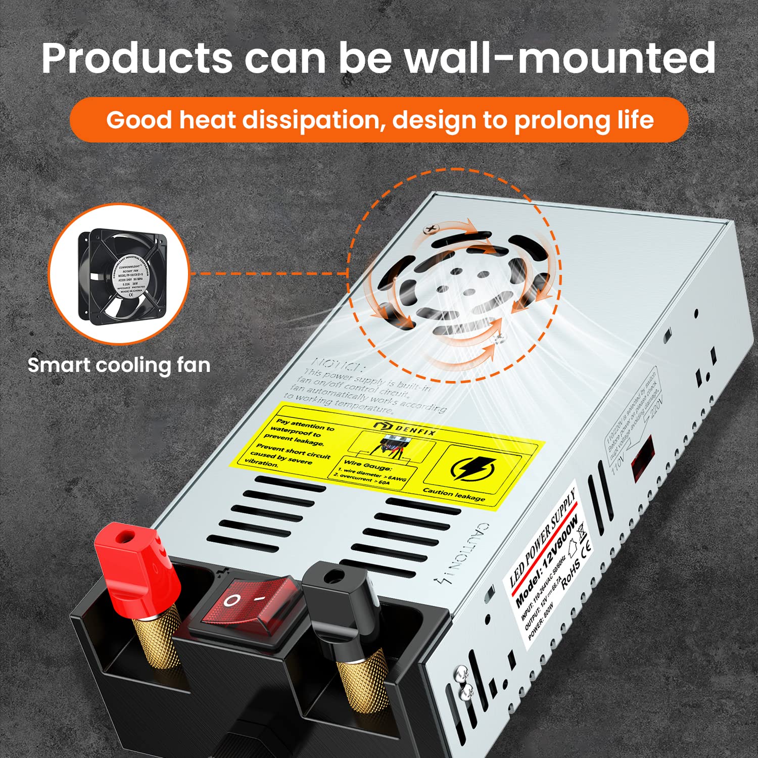 Denfix SMPS konwerter 110 V AC na 12 V DC, adapter zasilający, przełącznik, transformator, maks. 50 A, 600 W (z przełącznikiem)