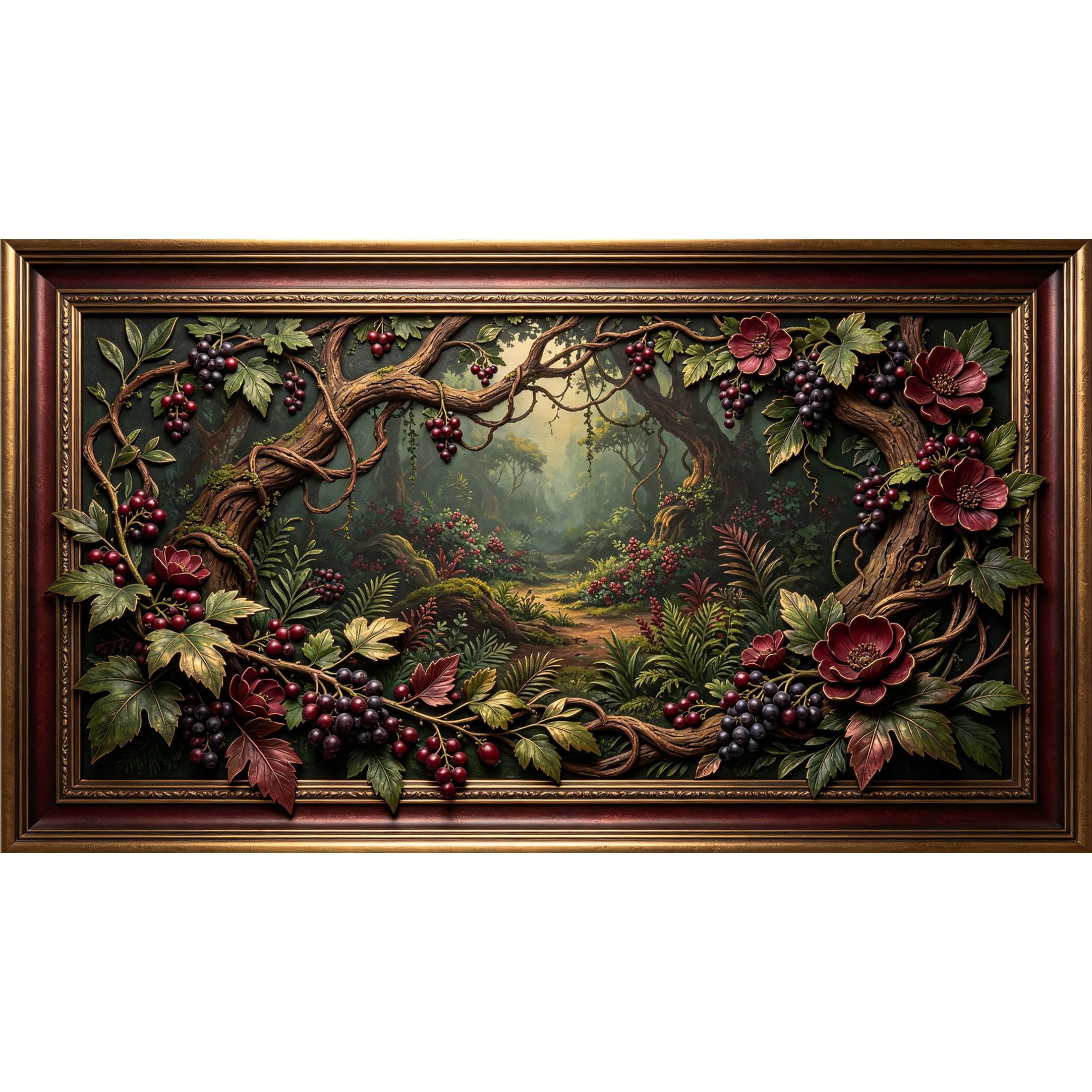 QZLITHOTIC 50×90cm3D Framed Wall Art， Vineyard Grape Vine Forest Botanical Self?Adhesive Mural， Water?Activated Peel & Stick Fabric Decor Wall Decal for Bedroom Living Room