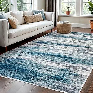 KOZYFLY Washable Area Rug 5x7 Modern Ombre Living Room Thin Rug Non-Slip Soft Striped Rug for Bedroom, Print Distressed Blue Abstract Carpet for Laundry Kid Room