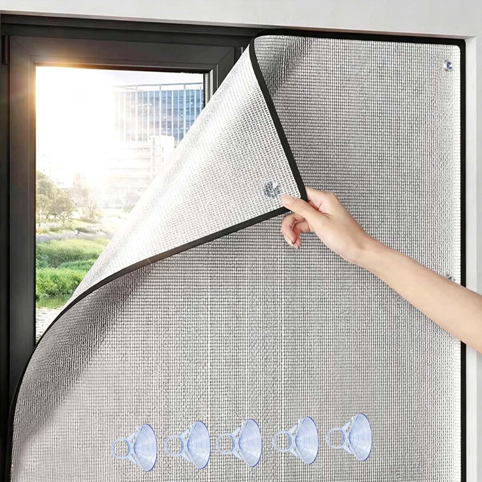Insulation Aluminum Foil Film for Indoor Window, 8mm Privacy Reflective Window Film with Suction Cup, Heat Blocking Sunshade Tint Cover for Garage Door, Sheet Attic, Rv, Sunroom(Black Edge,60x70cm)