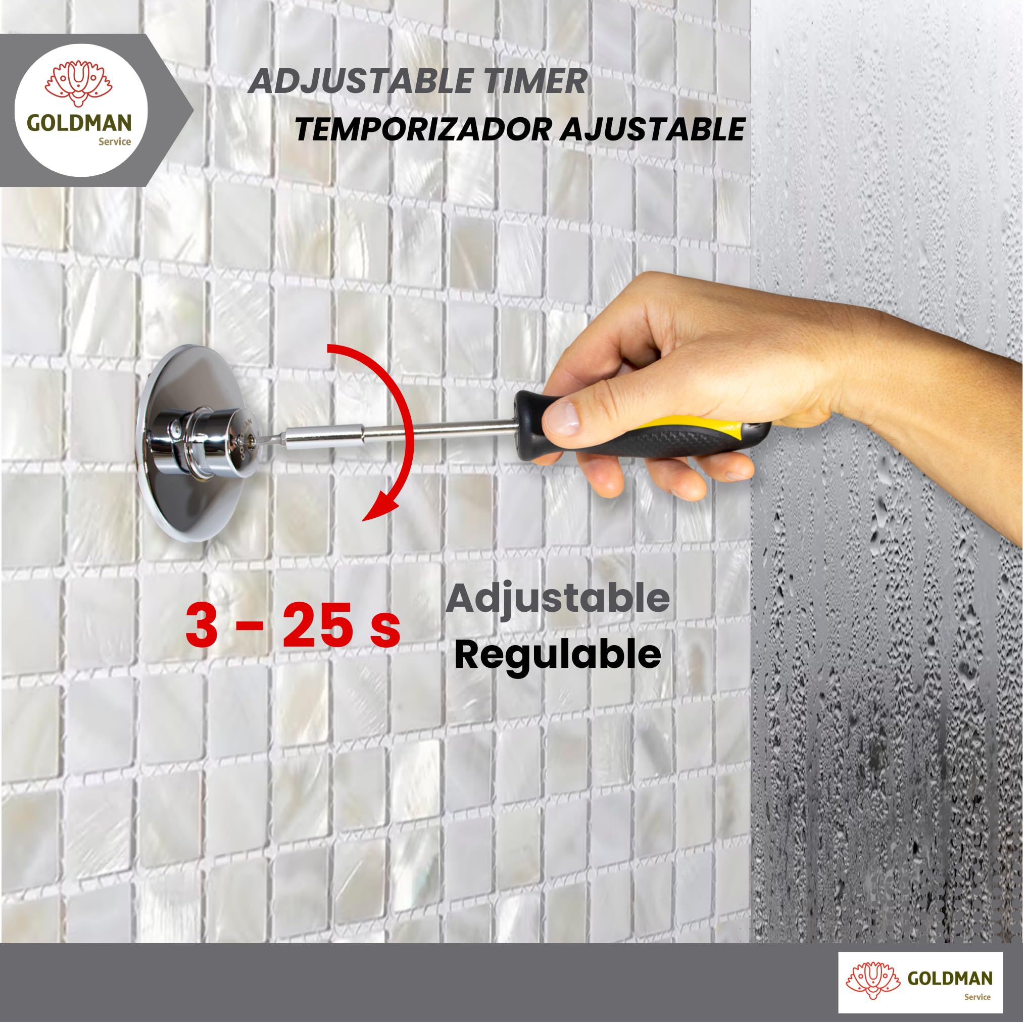 GOLDMAN SERVICE - Grifo Pulsador Mural Temporizador Regulable para Ducha y Lavabo - Controla el Tiempo y Reduce el Consumo de Agua 3 a 25 Segundos. H-H 1/2 Pulgadas