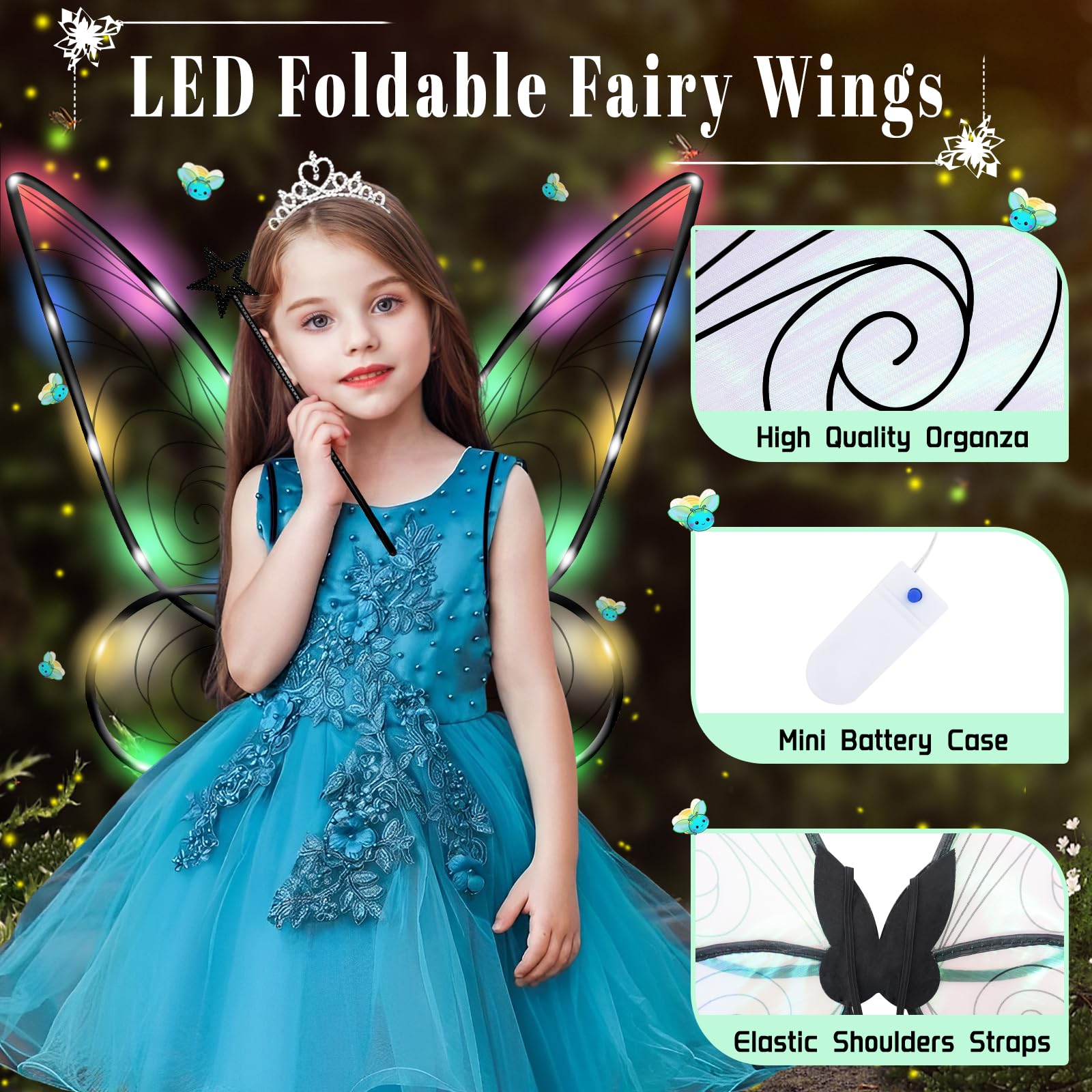 Ailes De Fée Lumineuses LED - Pour Femmes Et Enfants, 60x48 Cm - 8 Modes Clignotants, Piles Incluses - Idéal Cosplay, Fête, Halloween