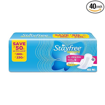 Stayfree Secure X-Large Ultra Thin Dry Cover Sanitary Pads For Women With Wings, (Pack of 40)