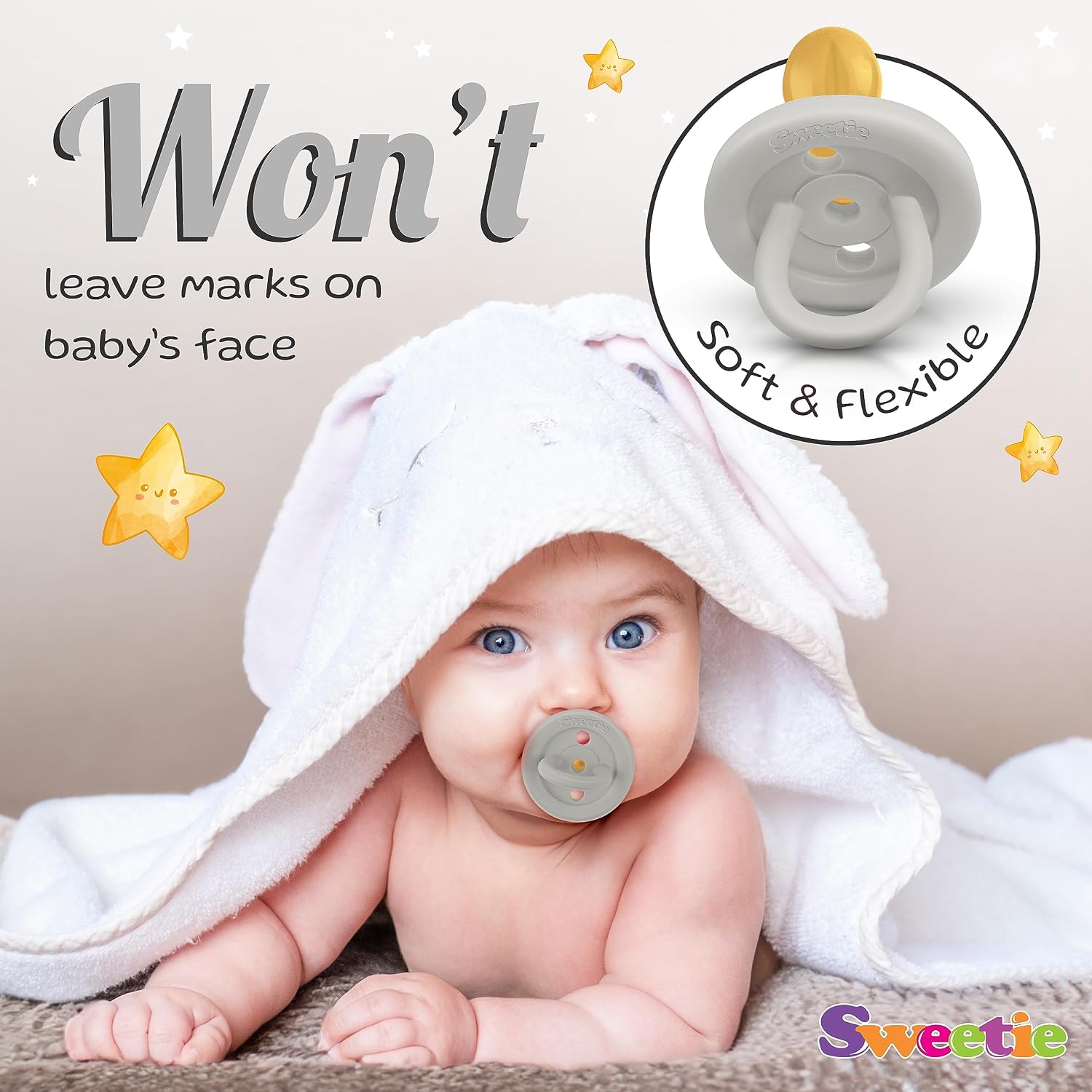 SWEETIE Rubber Pacifier Natural Rubber Pacifier Rounded Grey Large 12-18 Month