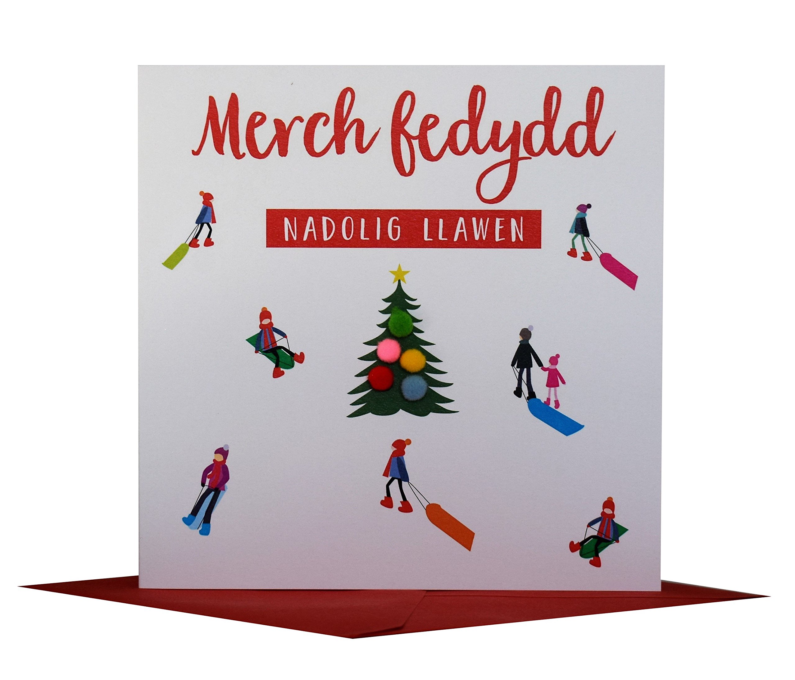 Claire Giles Greeting Cards, Welsh Happy Christmas Goddaughter Card, Nadolig Llawen Merch Fedydd, Embellished with Colourful Pompoms