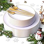 I00000 150PCS White and Gold Plastic Plates with Disposable Silverware for 30 Guests,White Plastic Plates Set Include 30 Dinner Plate,30 Dessert Plate,90 Gold Cutlery for Wedding & Party