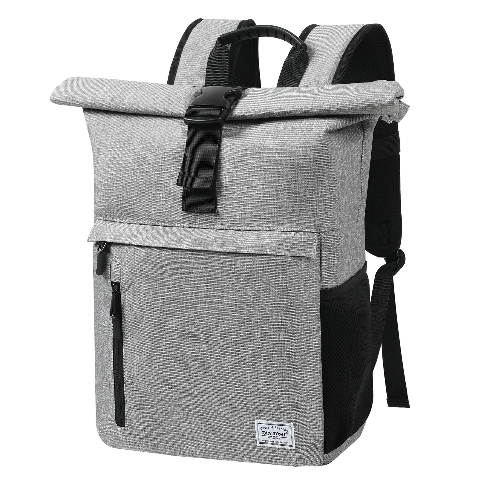 TANTOMI Rugzak voor dames en heren, laptoptas, 15,6 inch, laptoprugzak voor dames en heren, breed te openen, roltop, rugzak, waterdicht, rugzak voor school, fietsen, vrije tijd en reizen., donkergrijs
