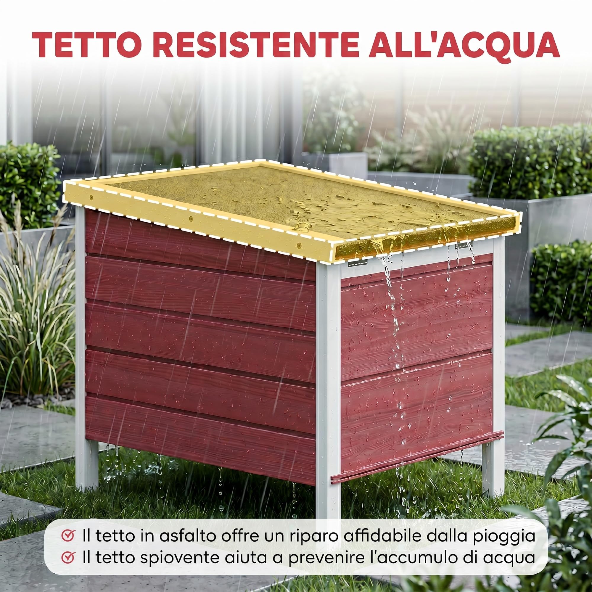 PawHut Gabbia per Conigli in Legno con Tetto Apribile in Asfalto, Conigliera con Rampa di Accesso Antiscivolo, 51x42x43 cm, Rosso